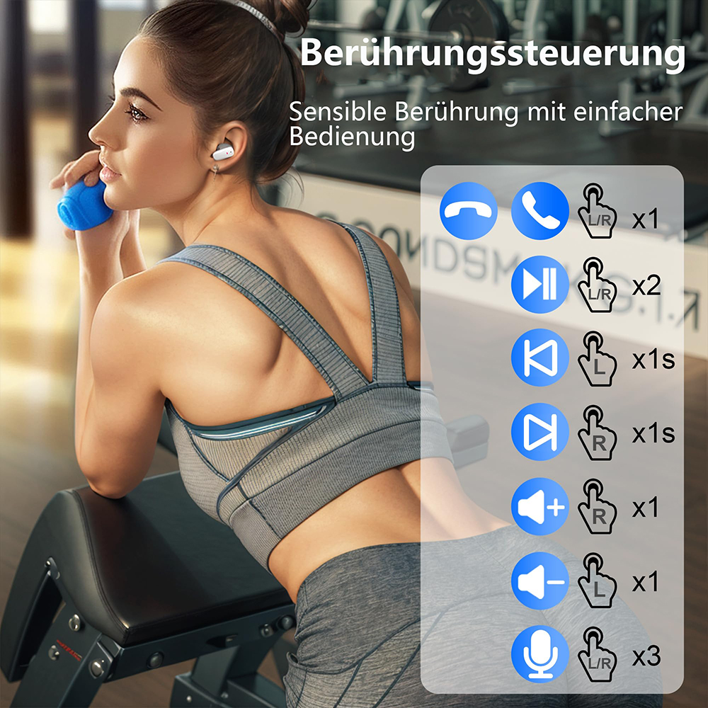 Eine Frau mit Ohrhörern, die ein blaues Gewicht hält. Anweisungen zur Steuerung der Kopfhörer.