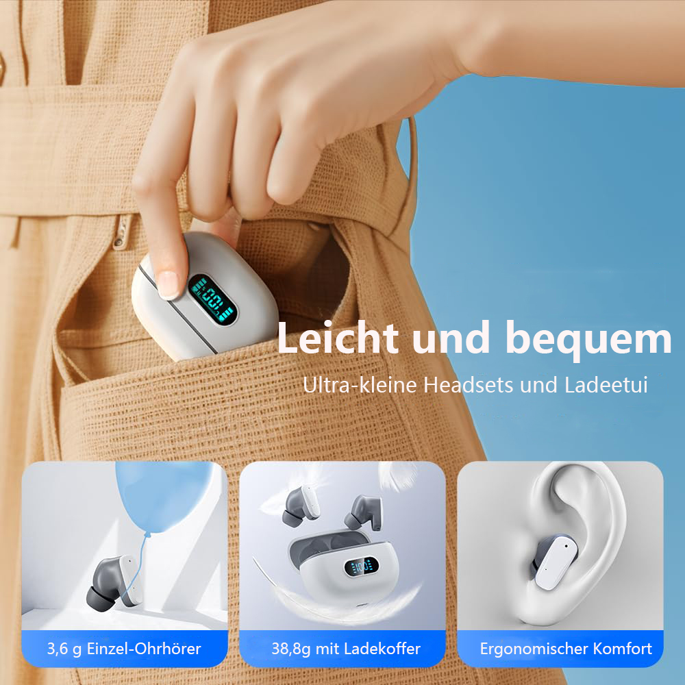 Hand einer Frau in einer beigen Tasche, die weiße kabellose Ohrhörer mit Bildschirm hält.