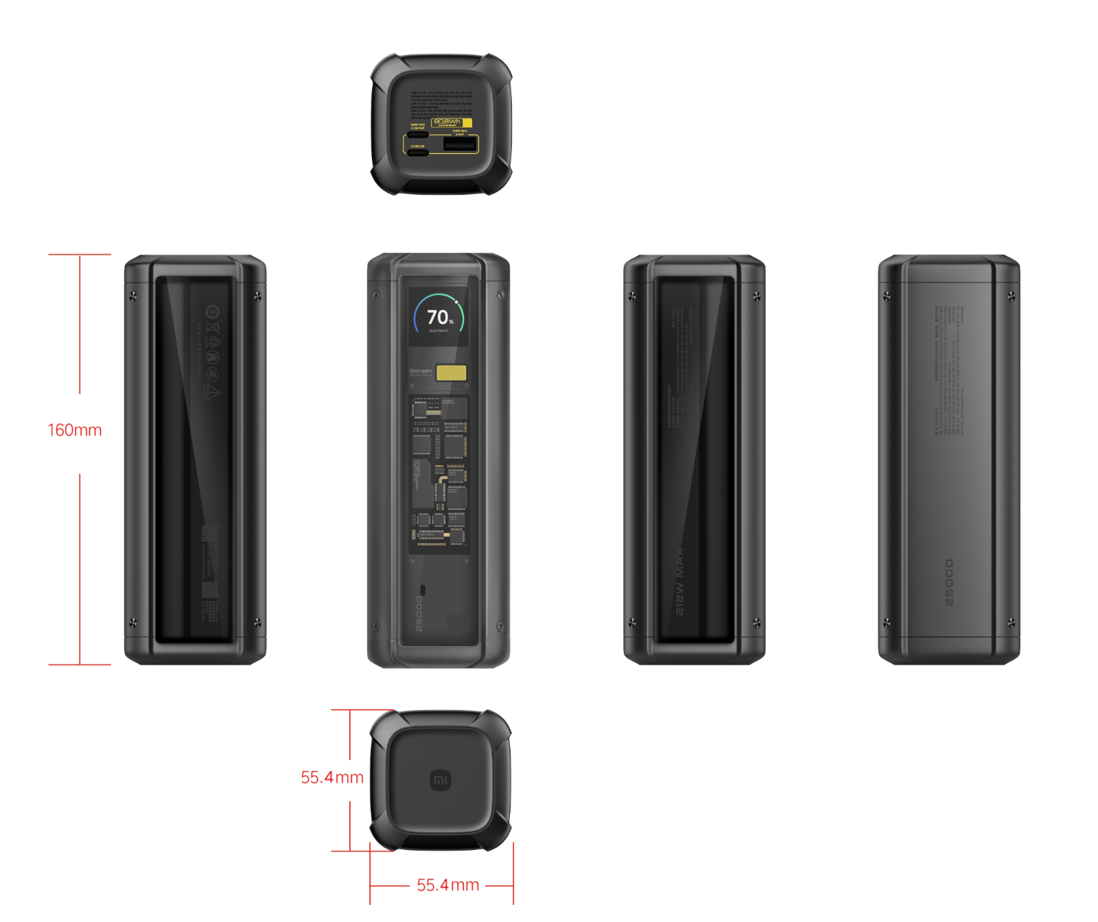 Czarny power bank, wiele widoków. Pokazuje wymiary i porty. Ekran wskazuje 70% naładowania.