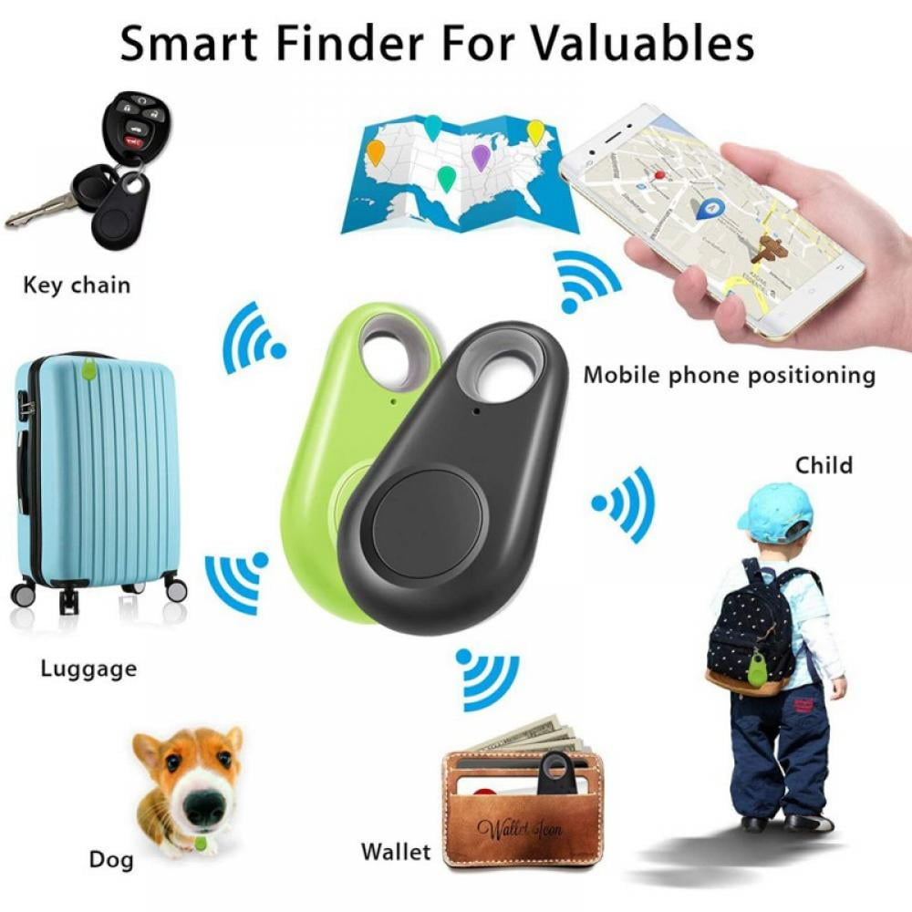 Eine Collage zeigt einen Schlüsselanhänger, ein Kind, einen Hund, eine Brieftasche und einen Koffer, alle bezogen auf einen Smart Finder.
