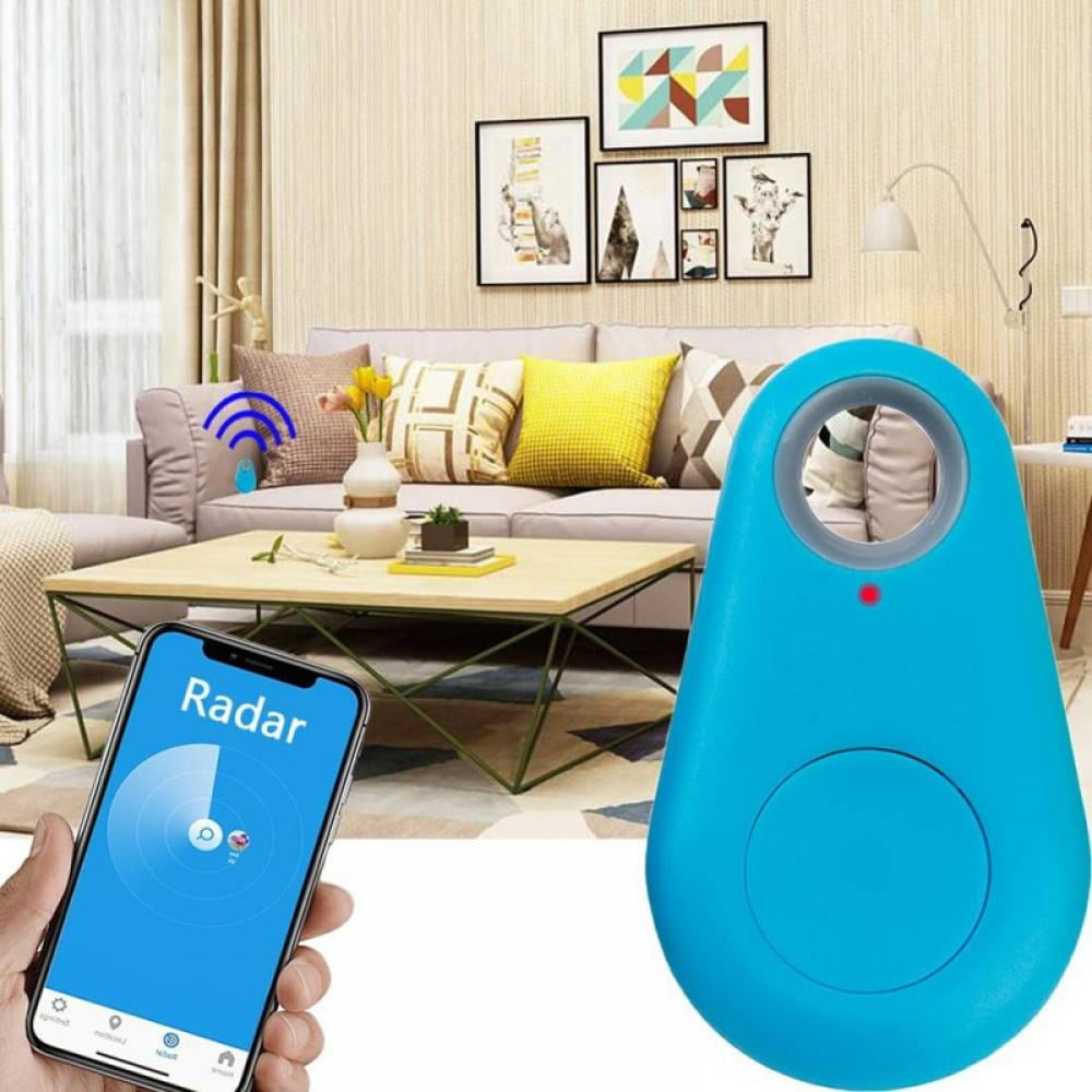 Blaues Ortungsgerät neben einem Smartphone mit radarähnlicher Oberfläche.