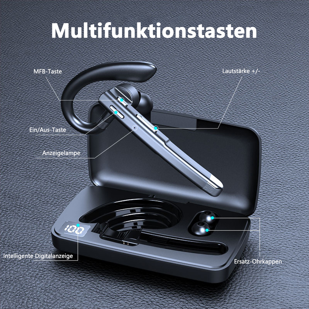 Schwarze kabellose Ohrhörer mit Ladeetui. Die Ohrhörer befinden sich im Etui, mit digitaler Anzeige.