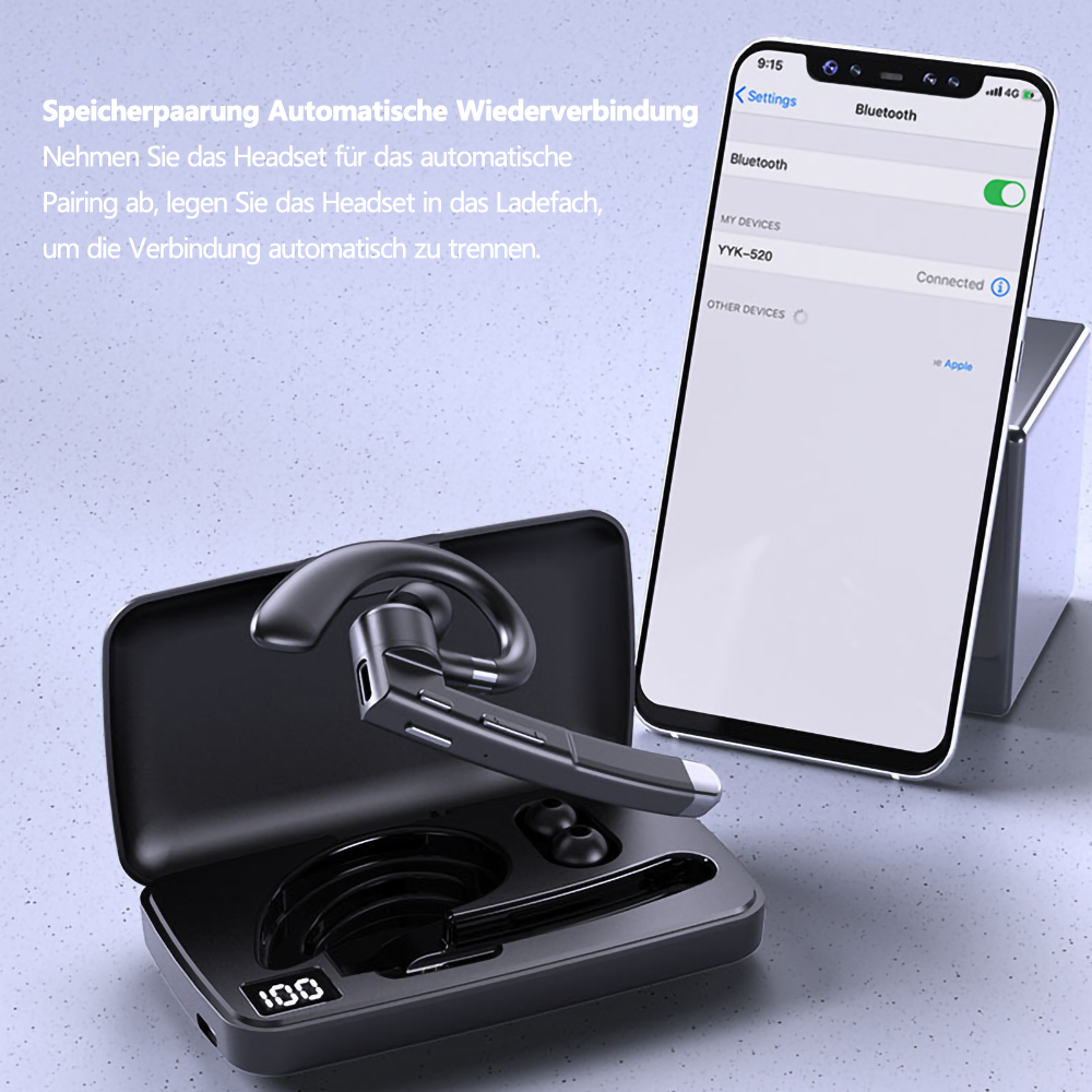 Kabelloses Headset und Ladecase neben einem Telefon. Das Telefon zeigt Bluetooth-Einstellungen.