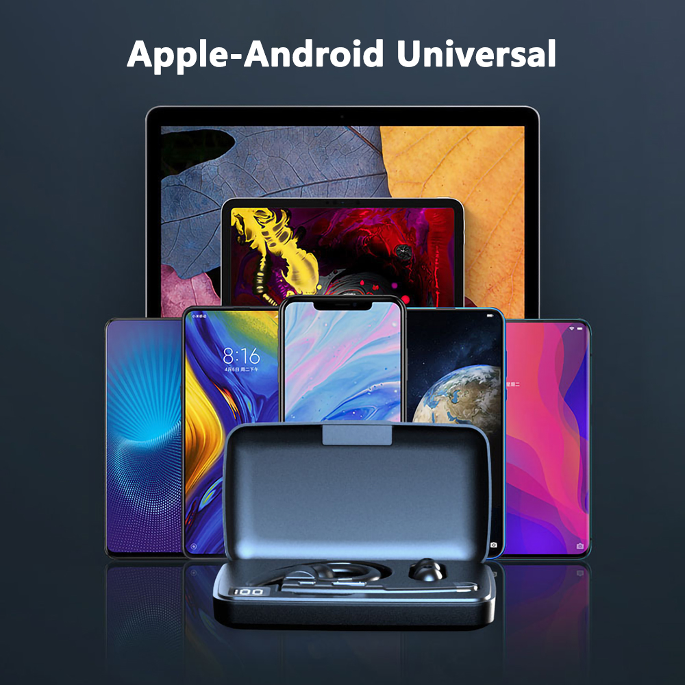 Verschiedene Smartphones und ein Tablet mit Ohrhörern und Ladecase, beschriftet mit Apple-Android Universal.