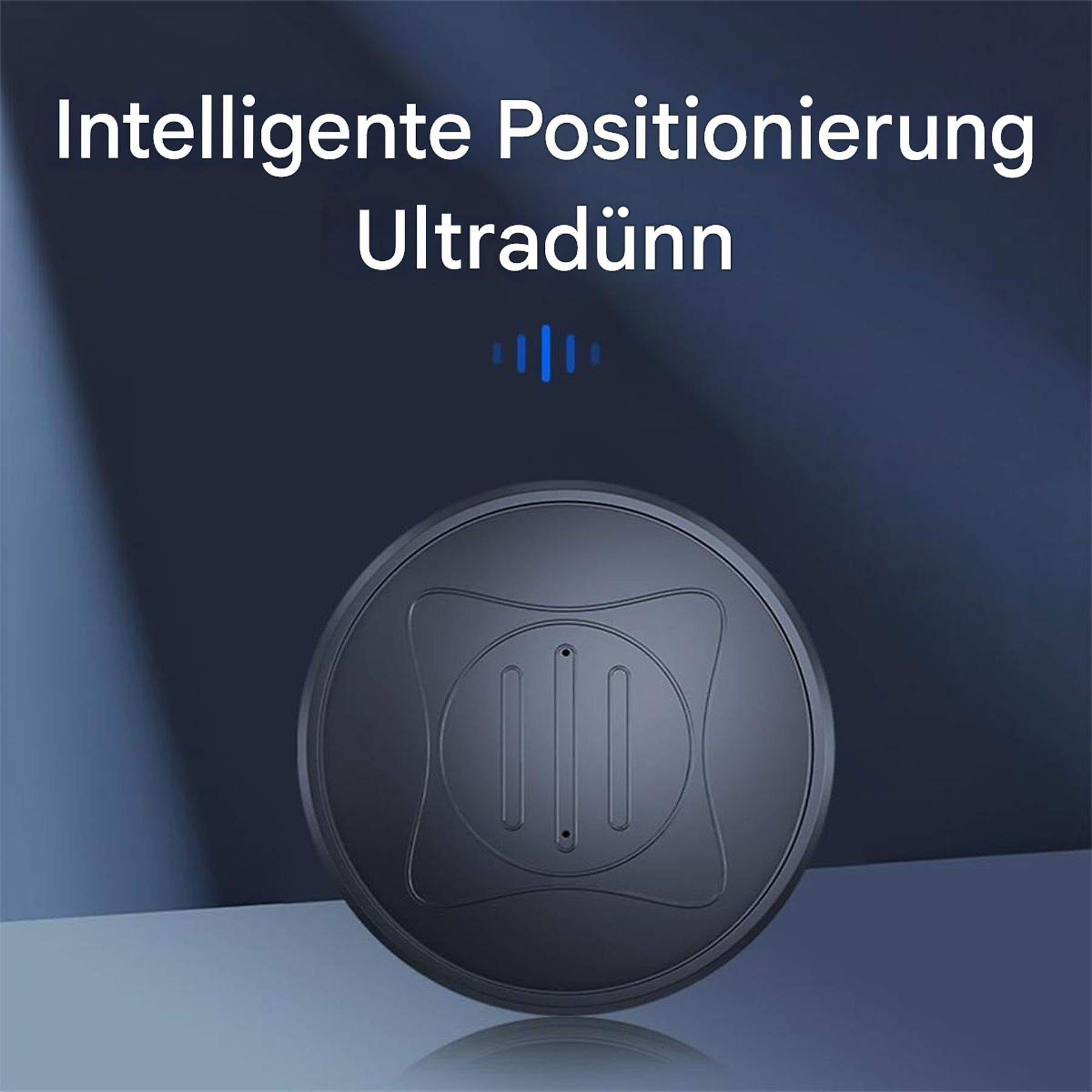 Schwarzer runder Tracker mit Text oben. Blaue Linien Grafik.