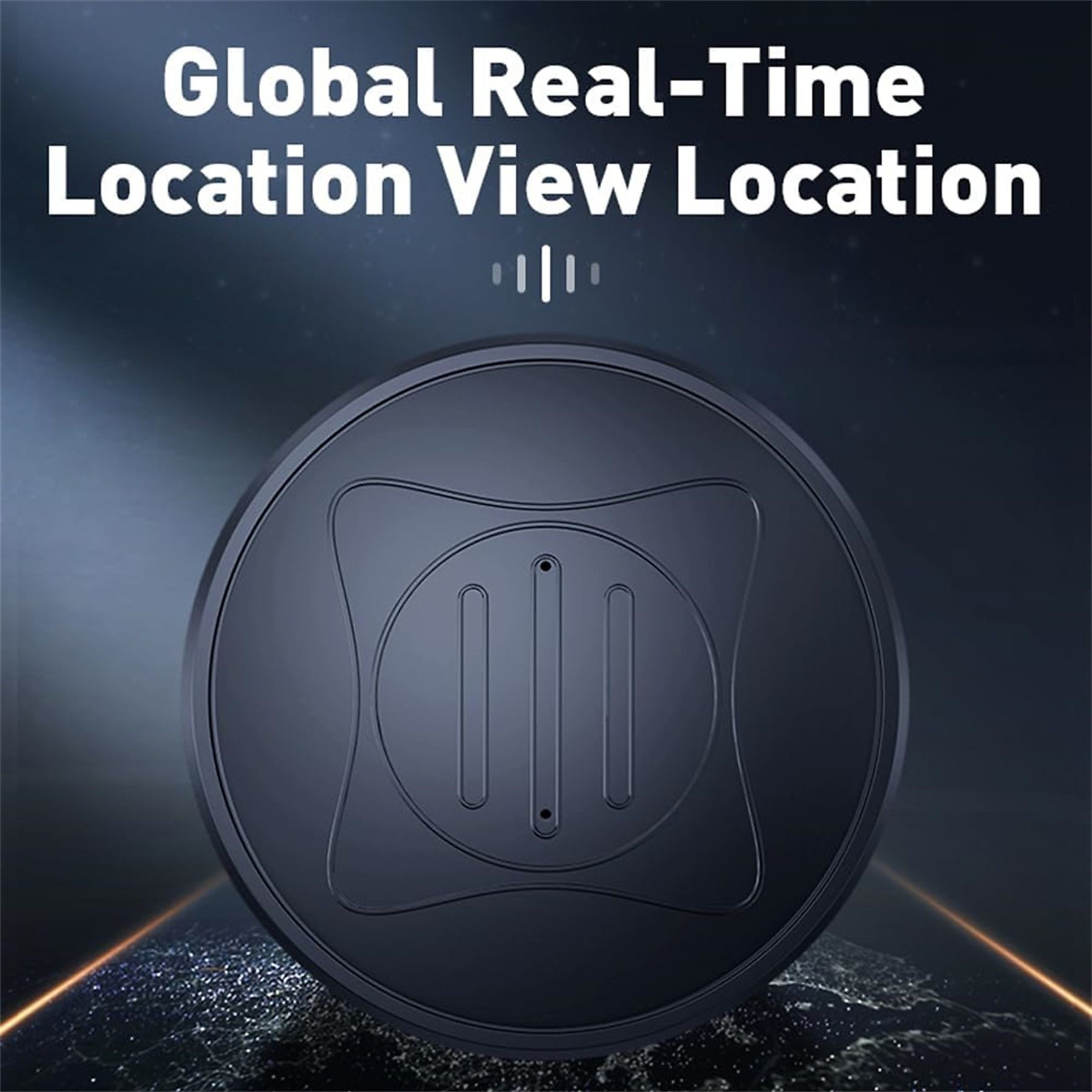 Ein schwarzes Gerät mit kreisförmigem Design und dem Text 'Global Real-Time Location View Location'.