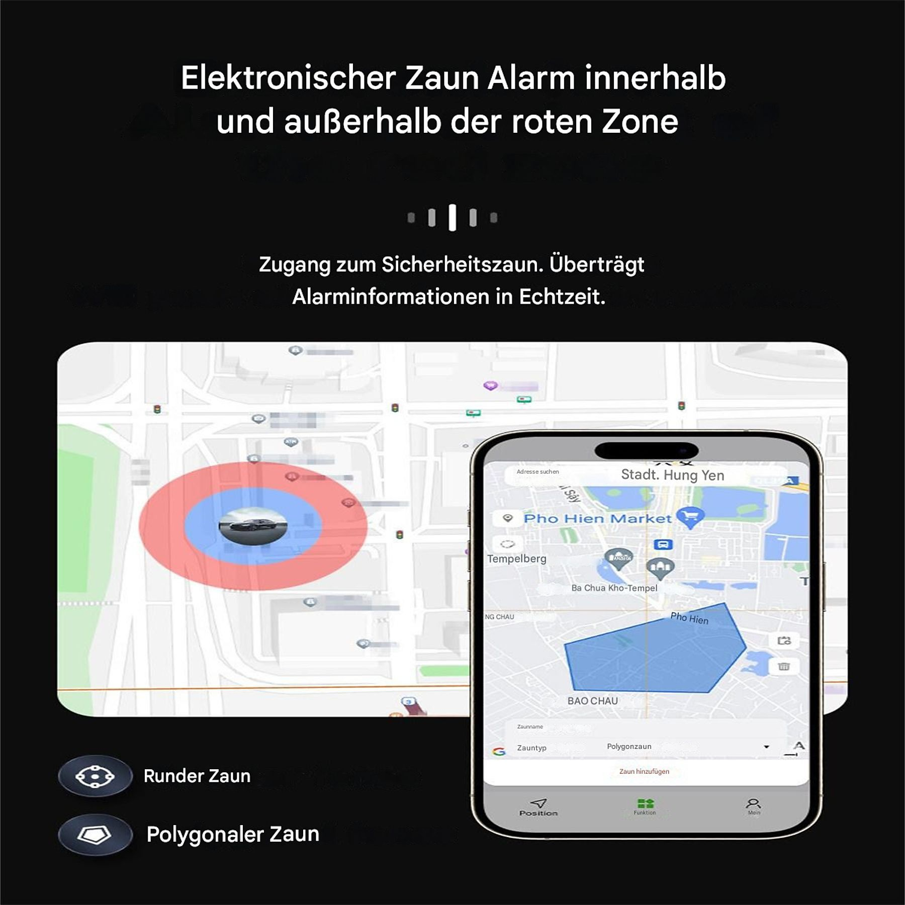 Ein Telefonbildschirm mit einer Karte, die eine Zone und Text auf Deutsch über einen Sicherheitszaun zeigt.