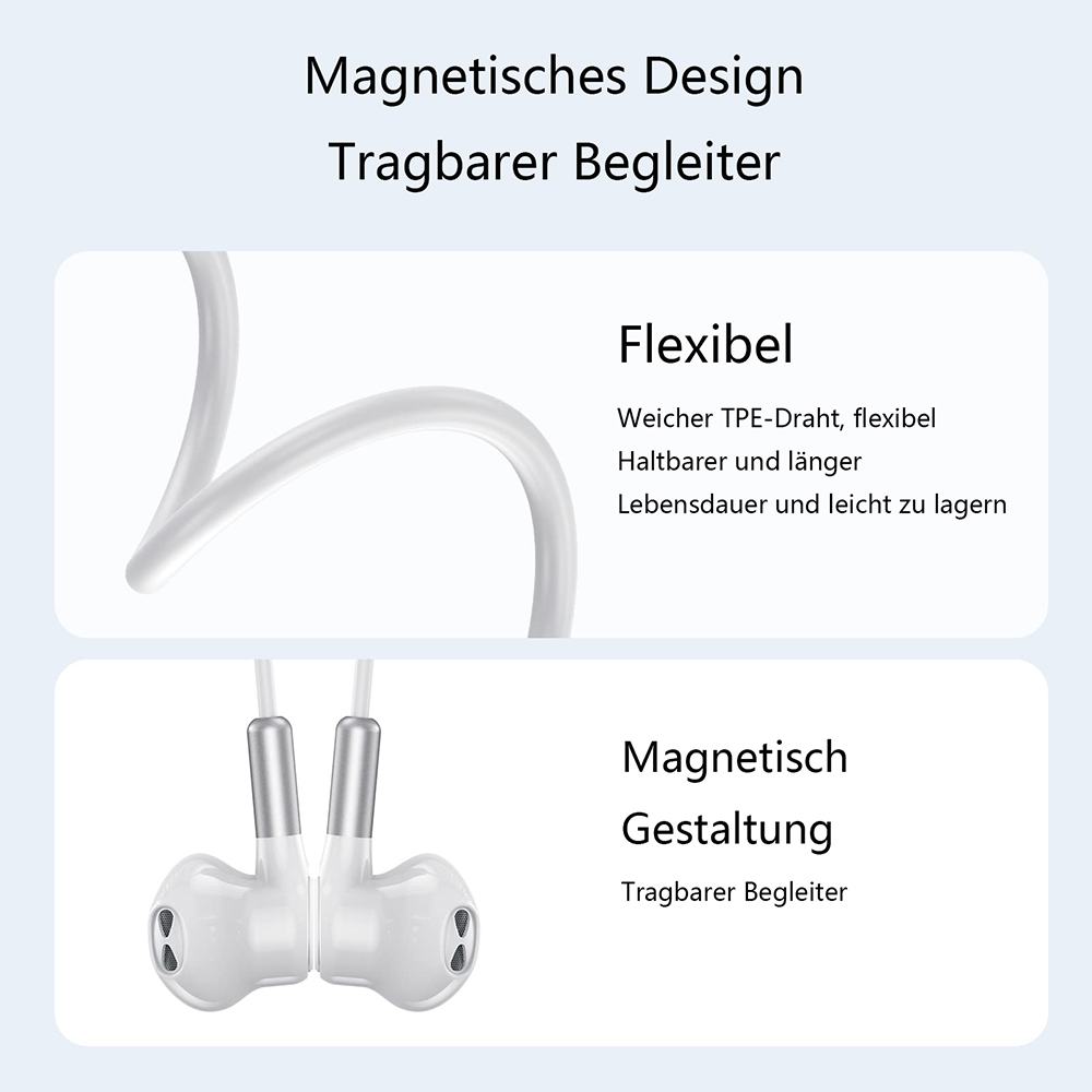 Weiße Ohrhörer mit flexiblem Kabel. Das Bild zeigt die Flexibilität des Kabels.