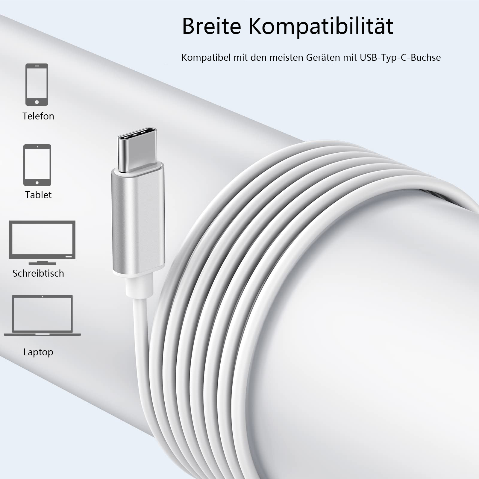 Weißes USB-C-Kabel um ein weißes zylindrisches Objekt gewickelt, mit Symbolen.