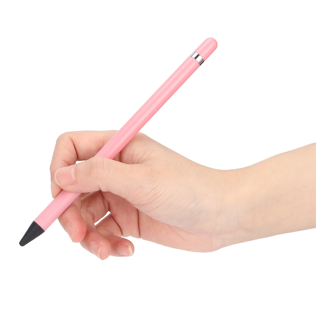 Hand, die einen rosa Stift mit schwarzer Spitze hält, vor weißem Hintergrund.