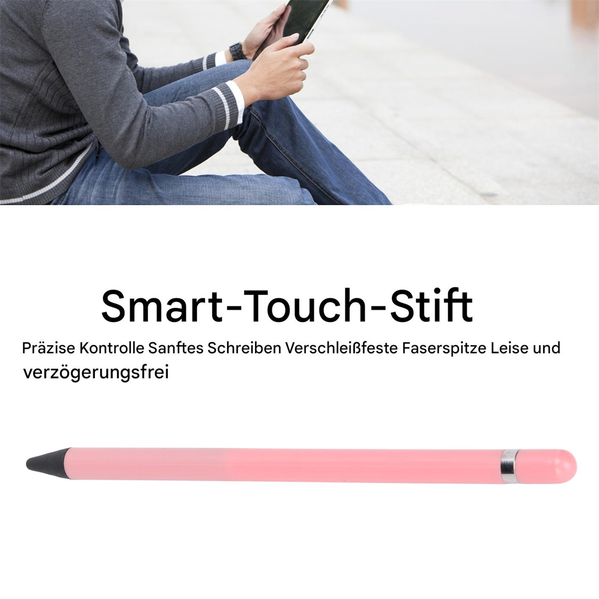 Ein rosa Stylus-Stift liegt horizontal. Der Hintergrund zeigt eine Person, die ein Tablet hält. Schwarze Spitze.