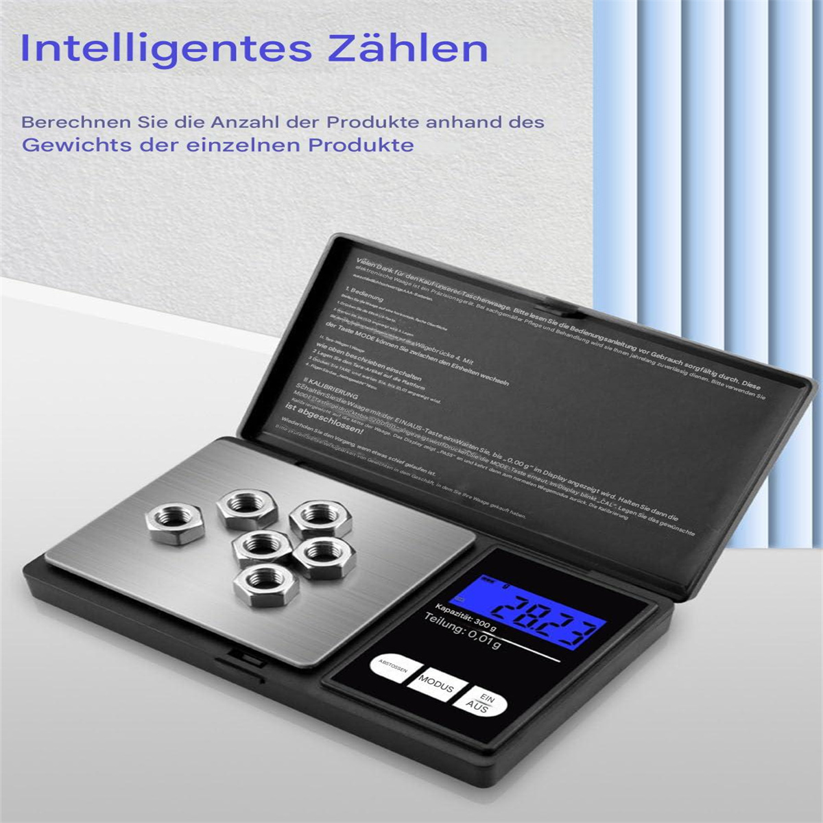 Digitale Waage mit Anzeige, die ein Gewicht zeigt. Text auf der schwarzen Oberfläche.