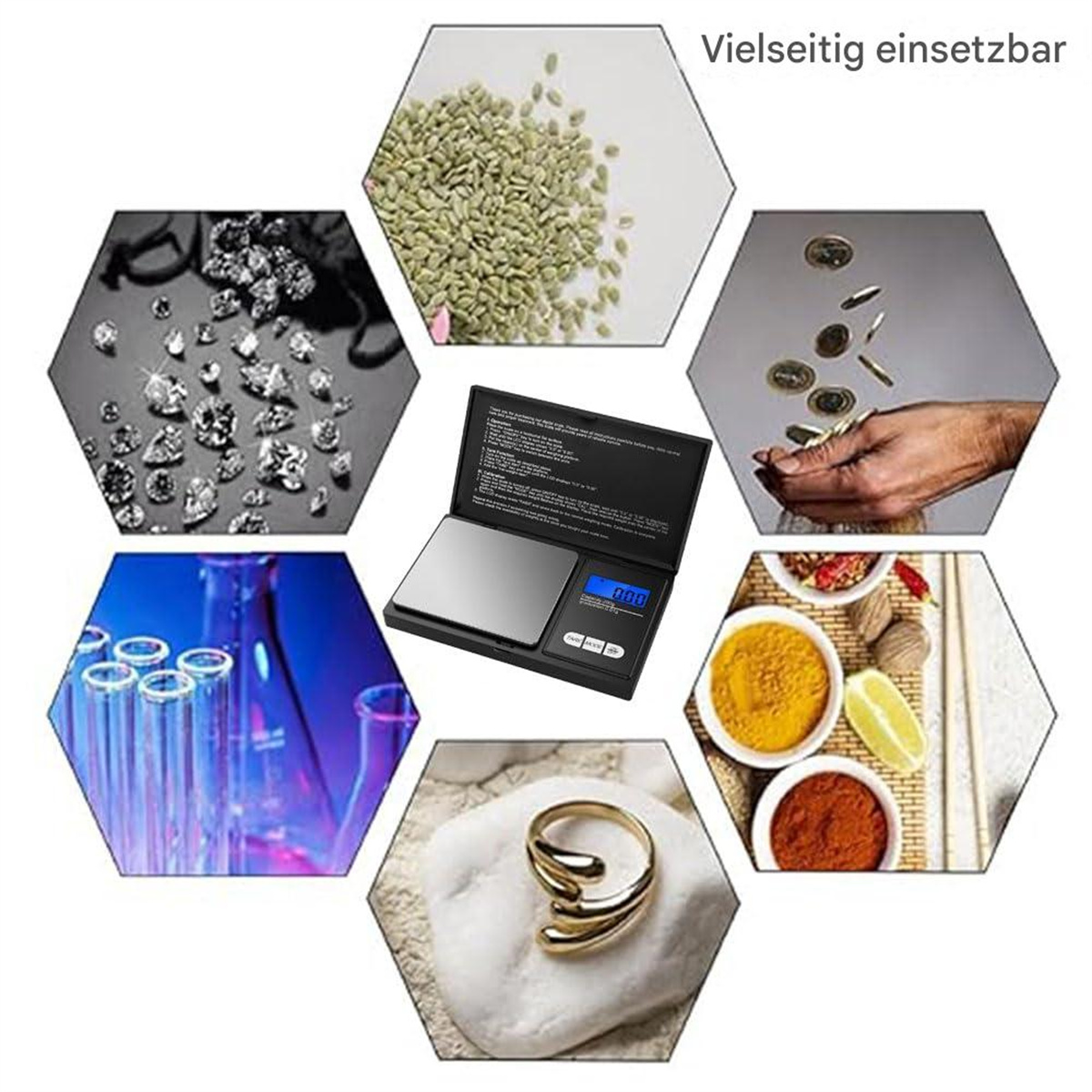 Eine digitale Waage mit Gegenständen drumherum. Zu den Gegenständen gehören Diamanten, Gewürze, Münzen und Reagenzgläser.