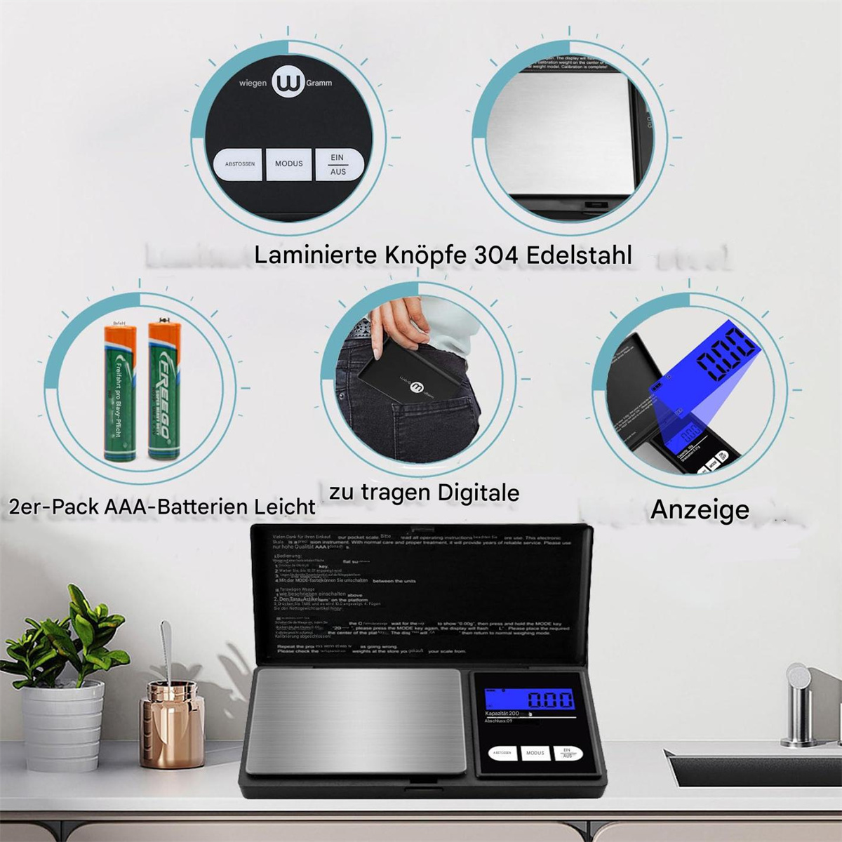 Eine Digitalwaage mit Anzeige Null. Es gibt Batterien und einen Rechner. Die Oberfläche ist Metall.
