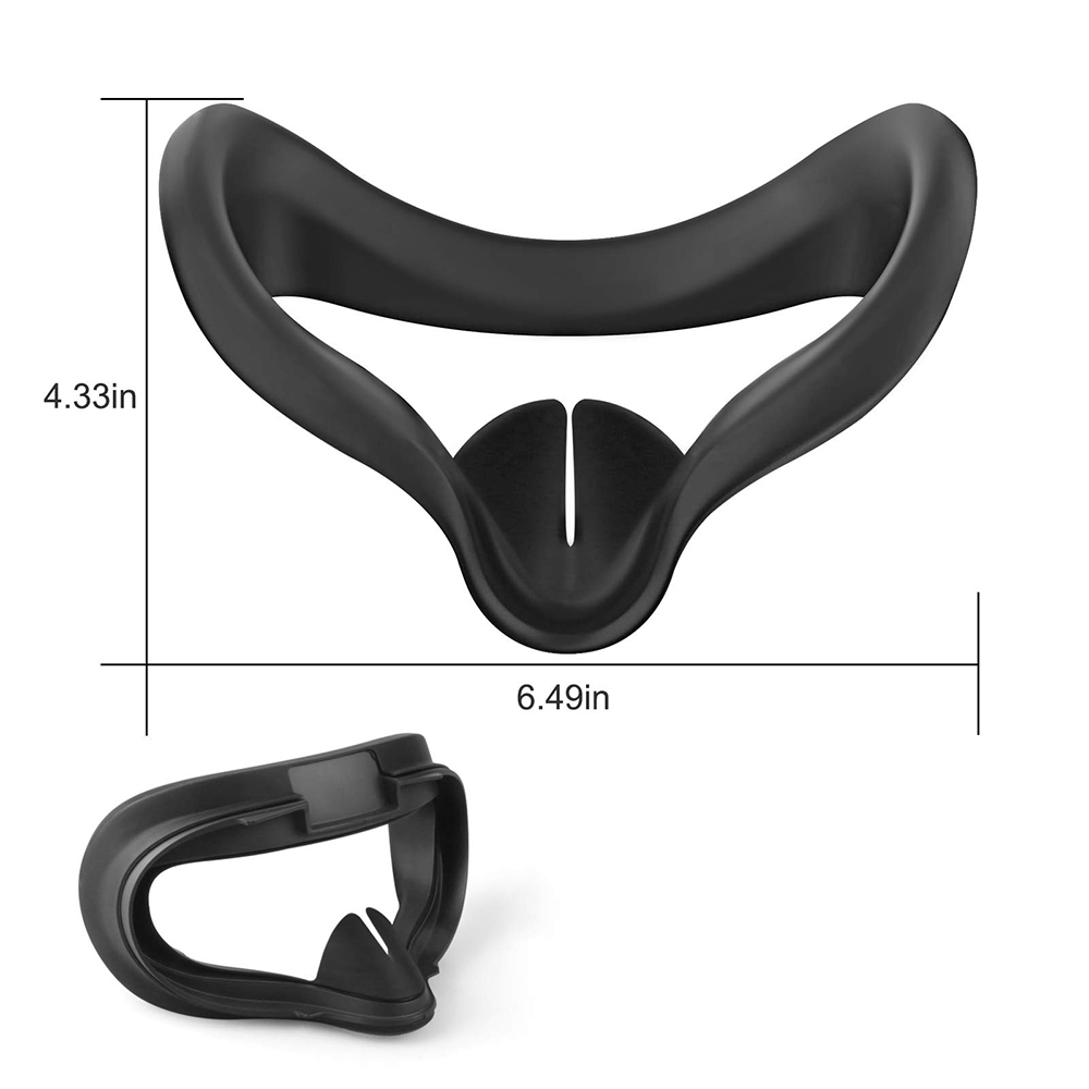 Zwei schwarze VR-Gesichtsabdeckungen mit Maßangaben. Weißer Hintergrund.