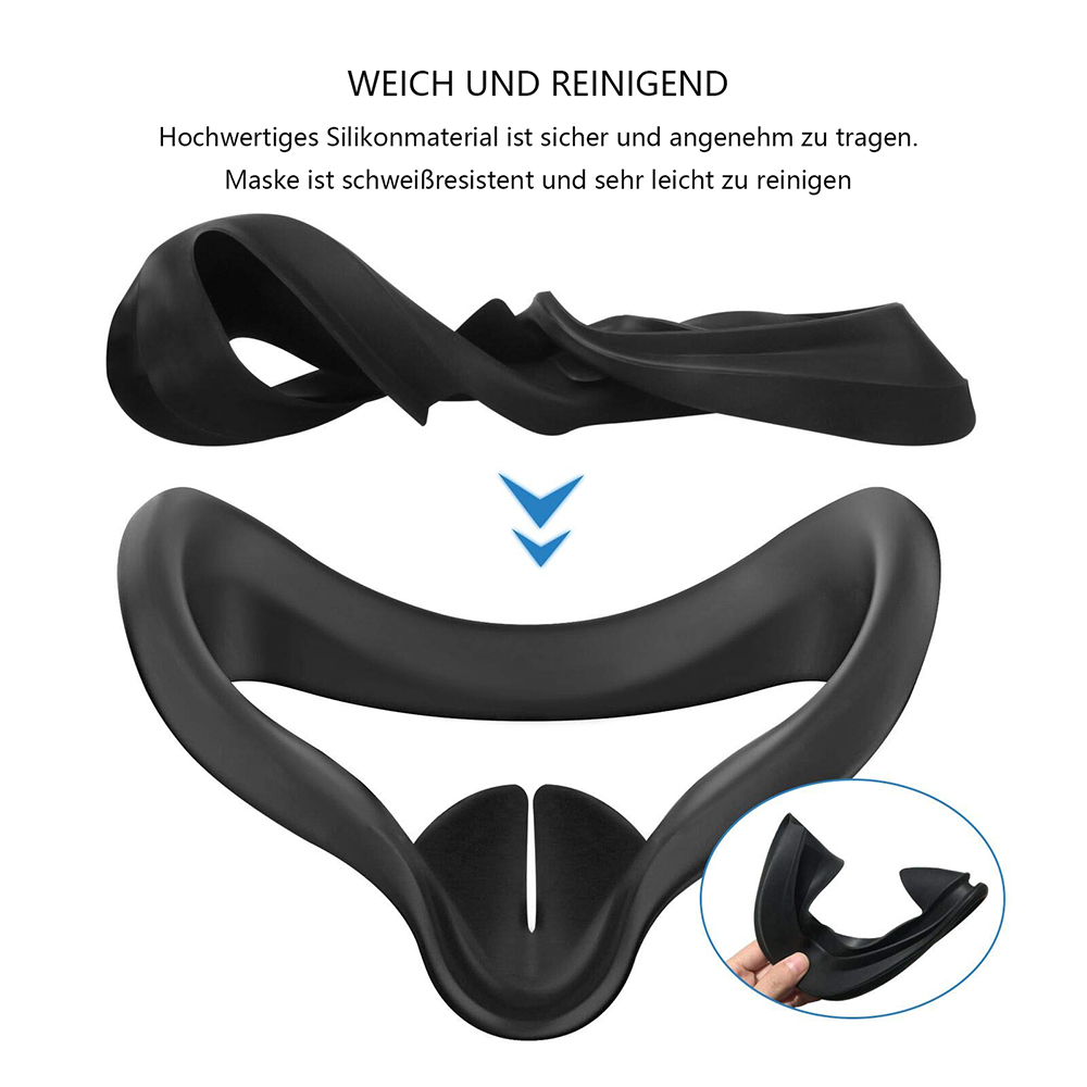 Zwei schwarze VR-Gesichtsabdeckungen, die obere ist geöffnet. Ein kleiner Ausschnitt zeigt die Verwendung.