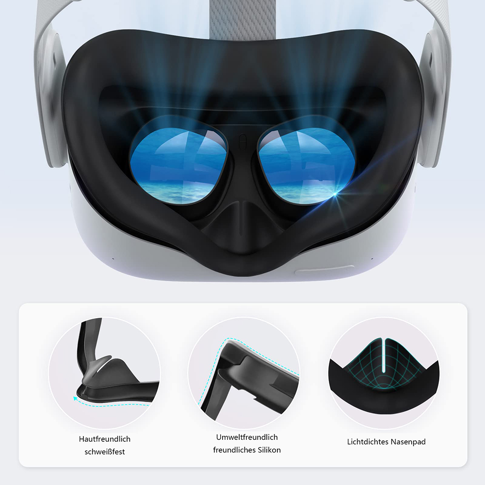 Ein VR-Headset mit Design-Details der Gesichtsabdeckung und des Riemens wird gezeigt.