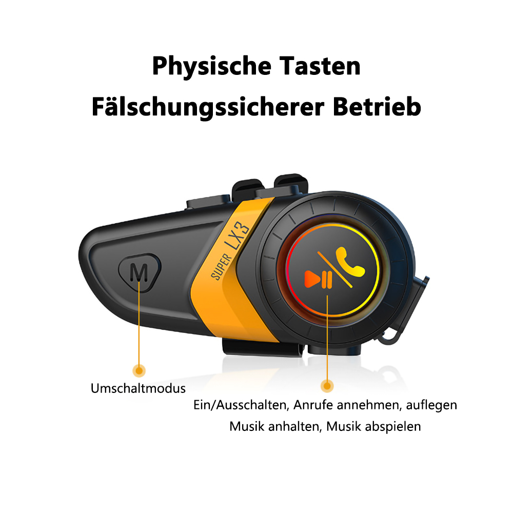 Schwarzes und gelbes Motorrad-Headset mit Tasten. Text zeigt Funktionen wie Anrufannahme und Musikwiedergabe.