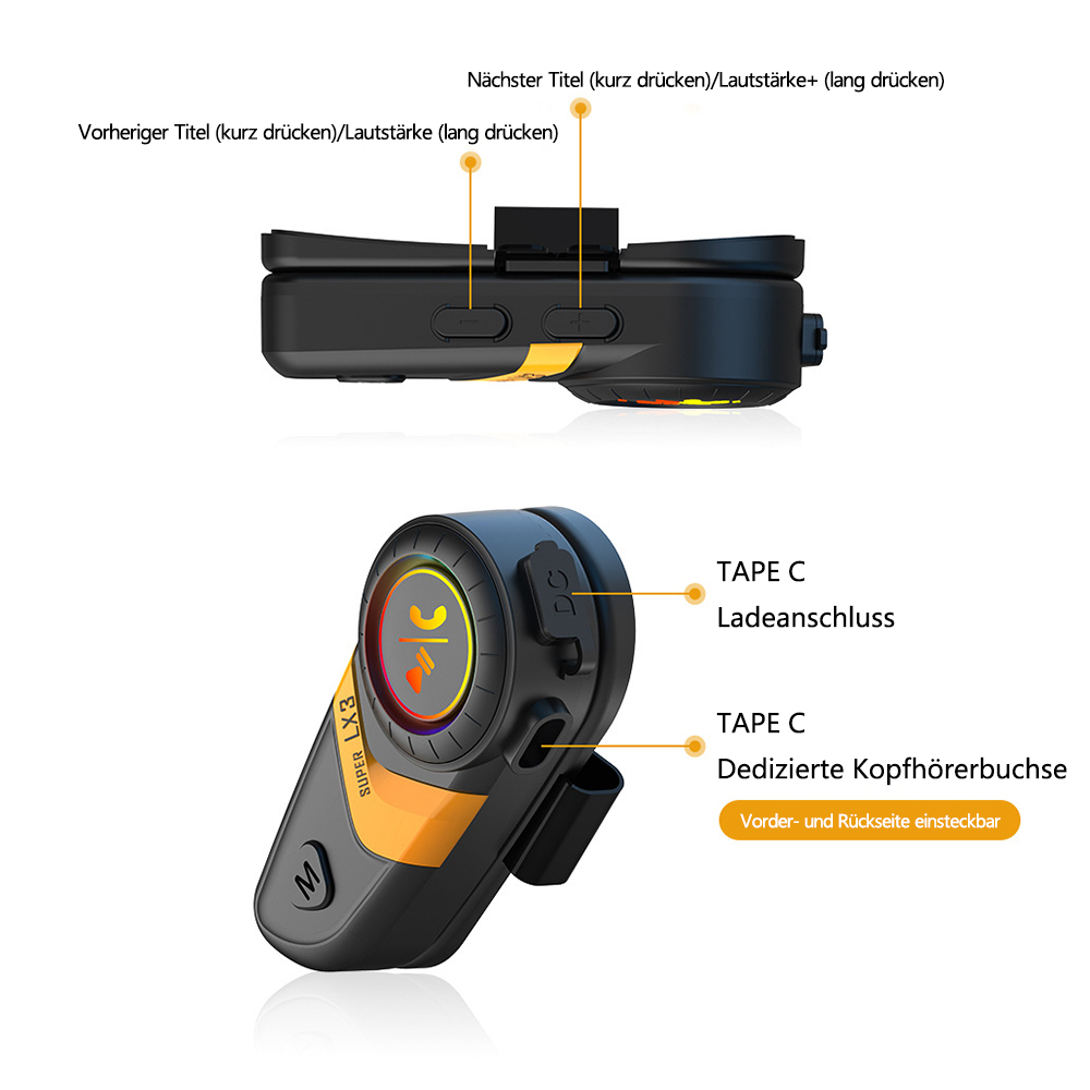 Schwarz-gelbes Bluetooth-Headset mit Tastenbeschriftungen. Draufsicht und Unteransicht mit Ladeanschlussdetails.