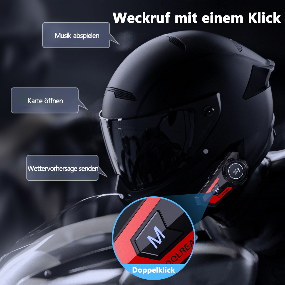 Ein schwarzer Motorradhelm mit Bluetooth-Kommunikationssystem, Knöpfen und Textetiketten.