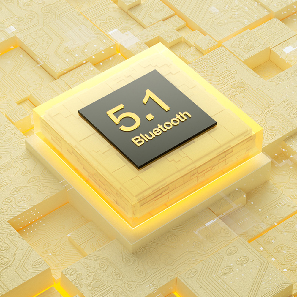 Elektronische Komponente mit 5.1 Bluetooth Text auf gelb-schwarzem Hintergrund.