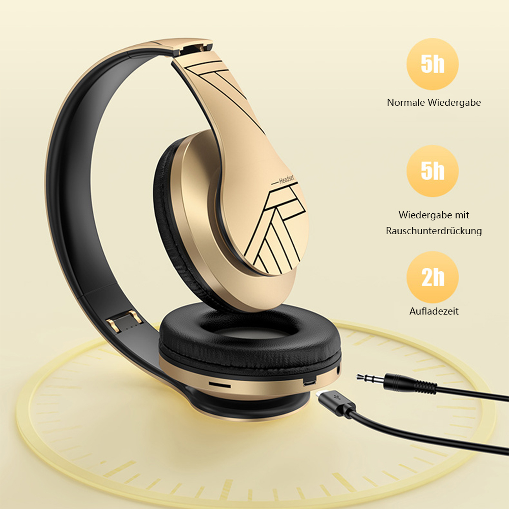 Goldene und schwarze Kopfhörer mit Ladekabel, mit 5h Wiedergabe und Geräuschunterdrückung.