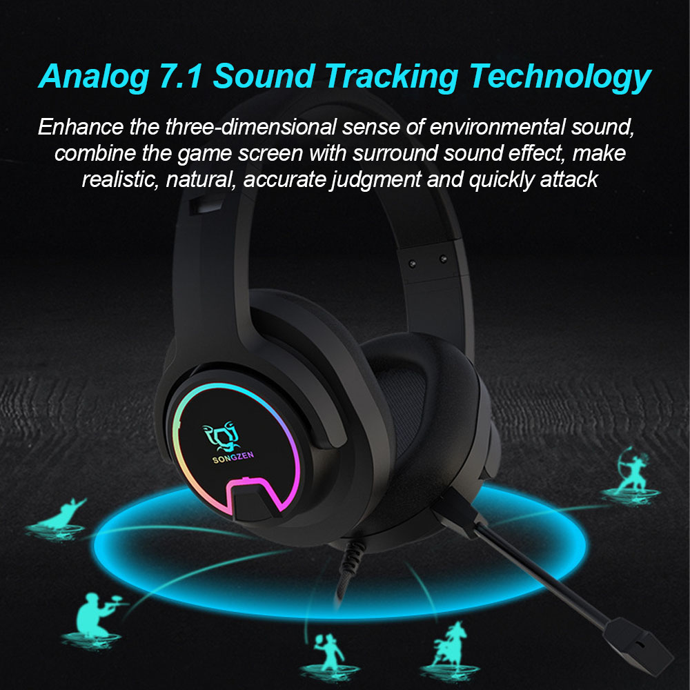 Schwarzes Gaming-Headset mit Mikrofon, umgeben von blauen Lichteffekten.