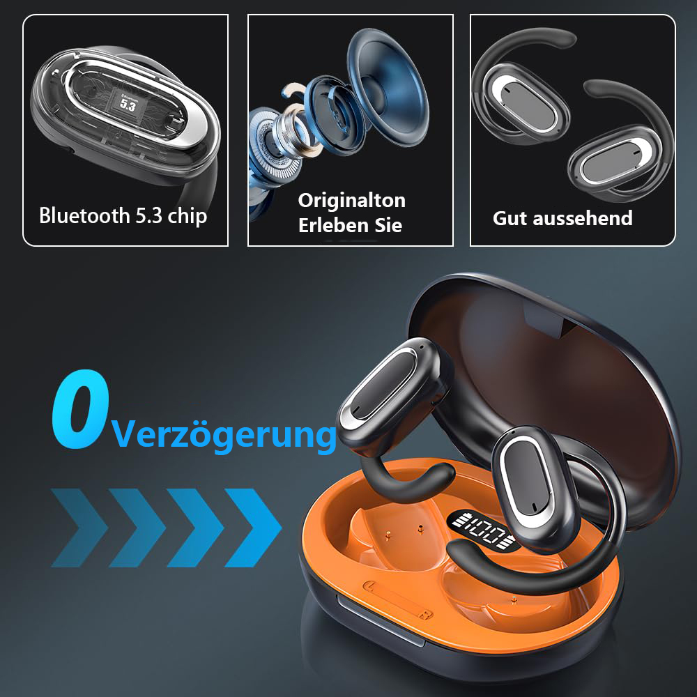 Kabellose Ohrhörer in Ladecase. Zeigt Funktionen wie Bluetooth-Chip und Null-Verzögerung.