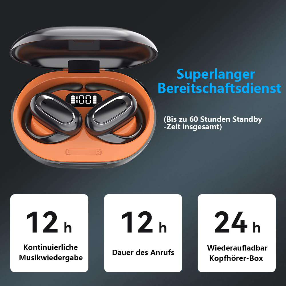 Schwarze Ohrhörer in einem orangefarbenen Etui mit Text. Schwarz-blauer Hintergrund.