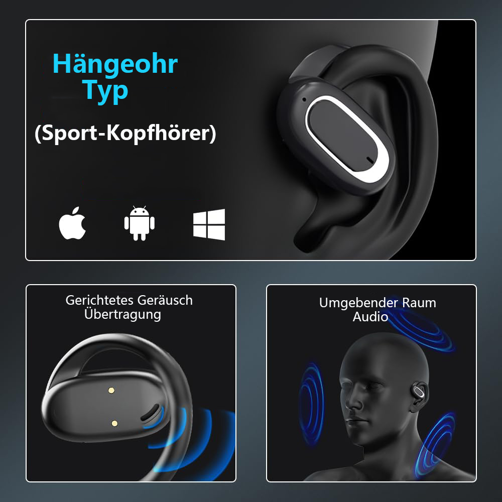 Sport-Ohrhörer mit Ohrbügel und schwarzer Farbe. Zeigt verschiedene Perspektiven des Produkts.