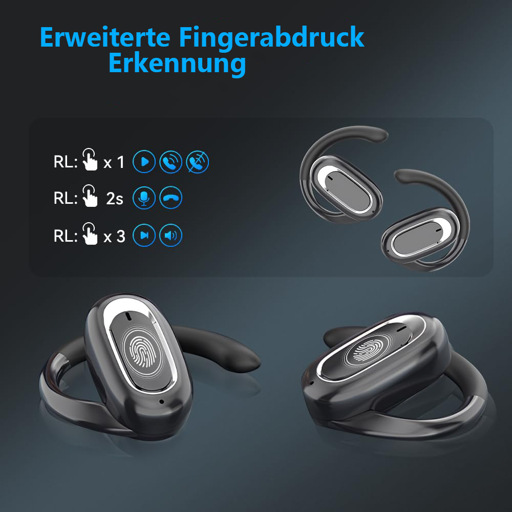 Schwarze kabellose Ohrhörer mit Touch-Bedienelementen und Symbolen auf blauem Hintergrund.