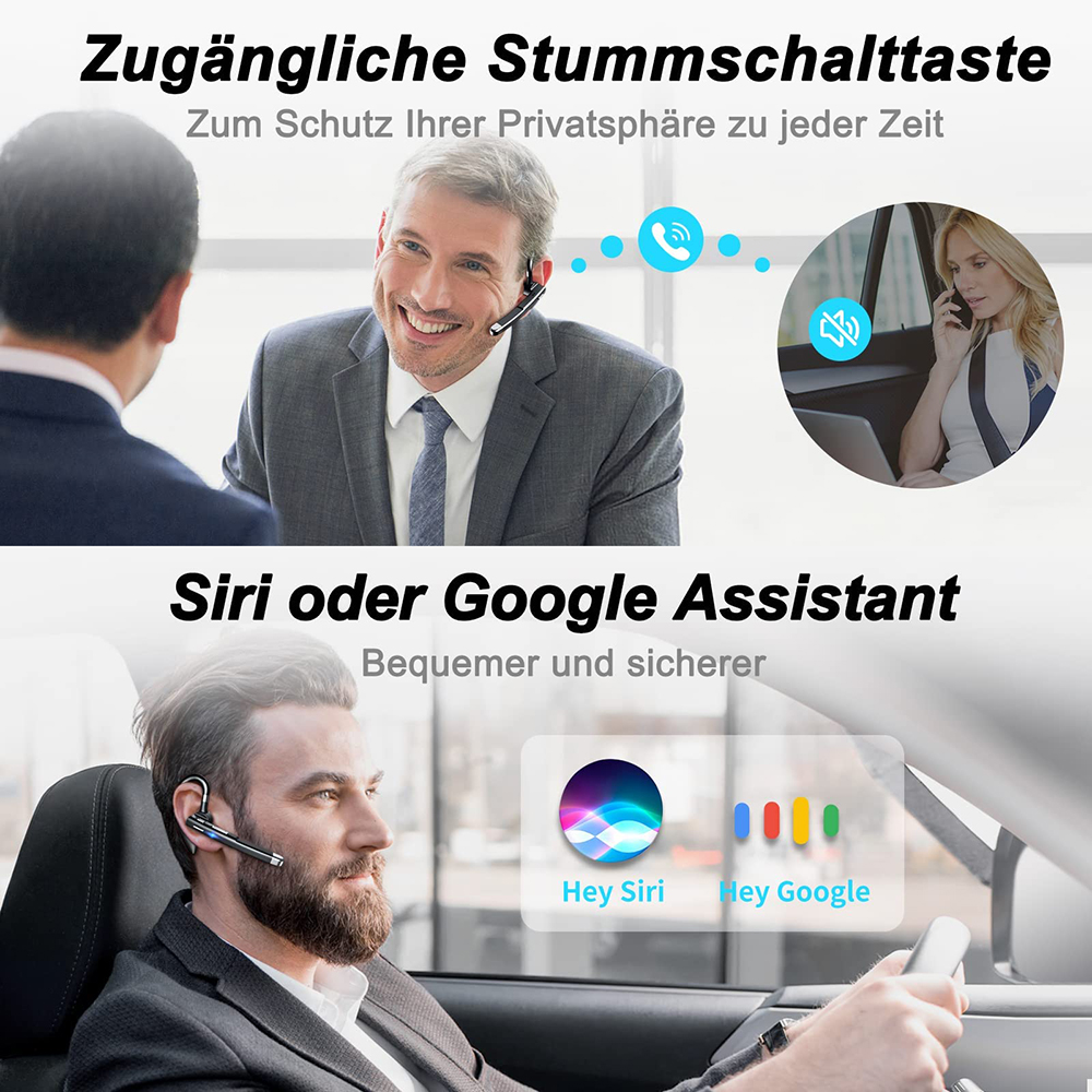 Ein Mann mit Headset spricht mit einem anderen Mann. Eine Frau im Auto.