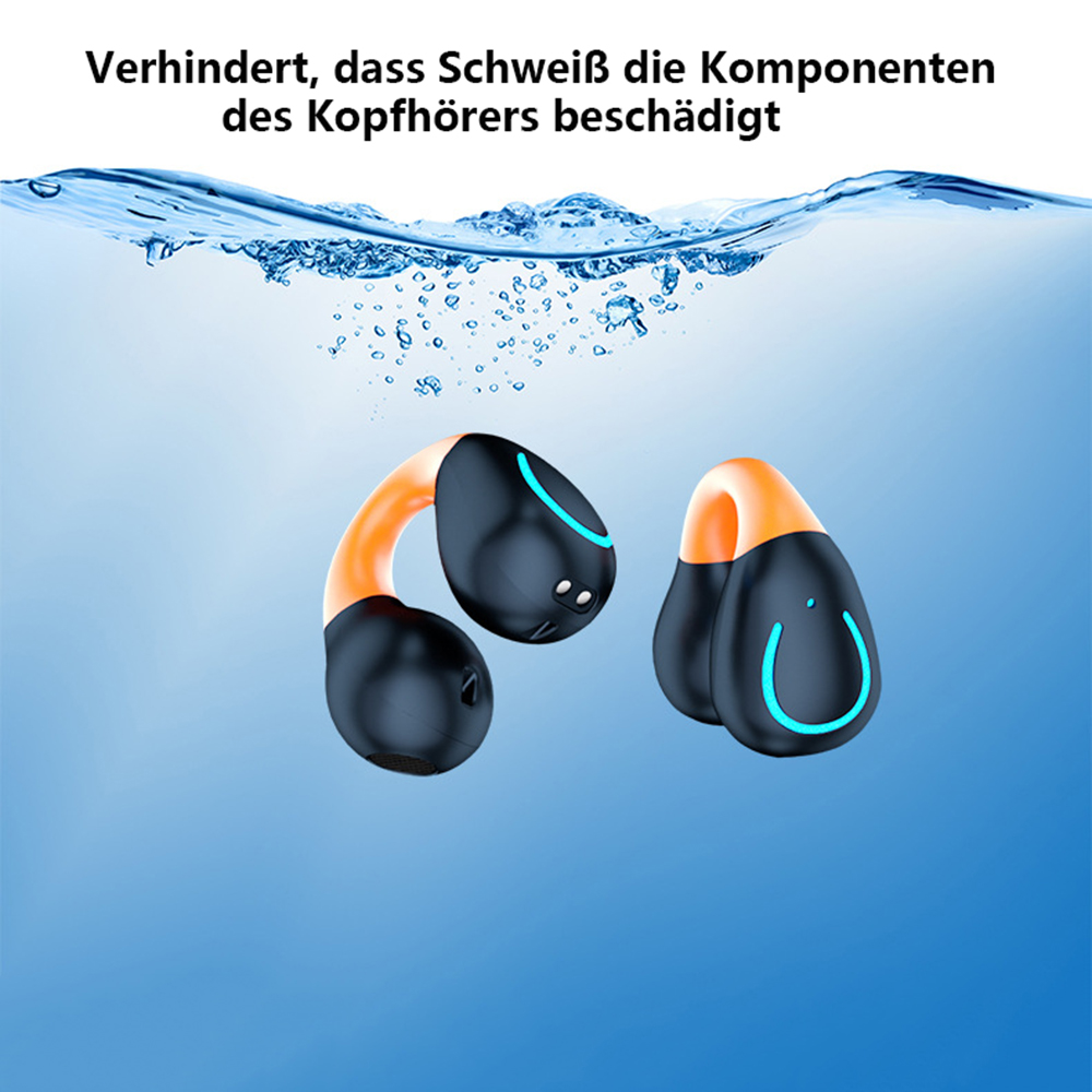 Schwarze und orangefarbene kabellose Ohrhörer im Wasser. Die Ohrhörer haben ein blaues Licht.