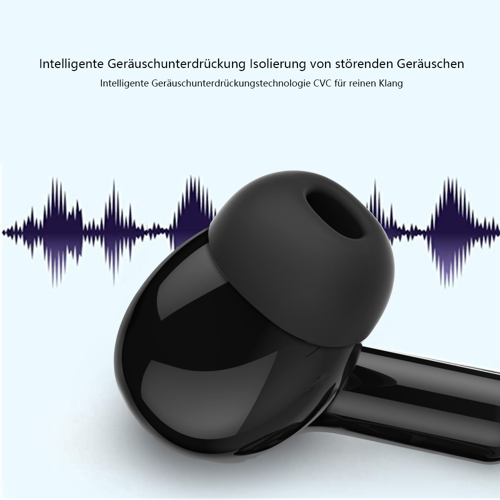 Nahaufnahme von schwarzen Ohrhörern mit schwarzem Stiel. Eine Wellenformgrafik befindet sich hinter den Ohrhörern.