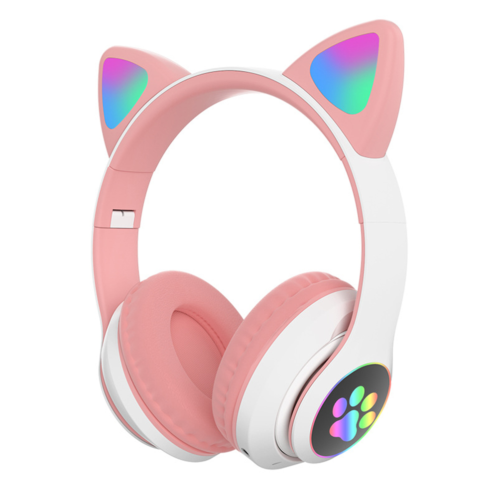 Pinke Katzenohrkopfhörer mit weißen Akzenten. Die Kopfhörer haben Lichter an den Ohren und Ohrmuscheln. Der Hintergrund ist weiß.