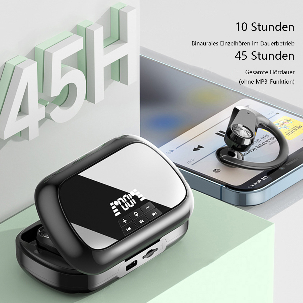Ohrhörer in einem Ladecase, Telefon zeigt Musik an, Text über Akkulaufzeit.