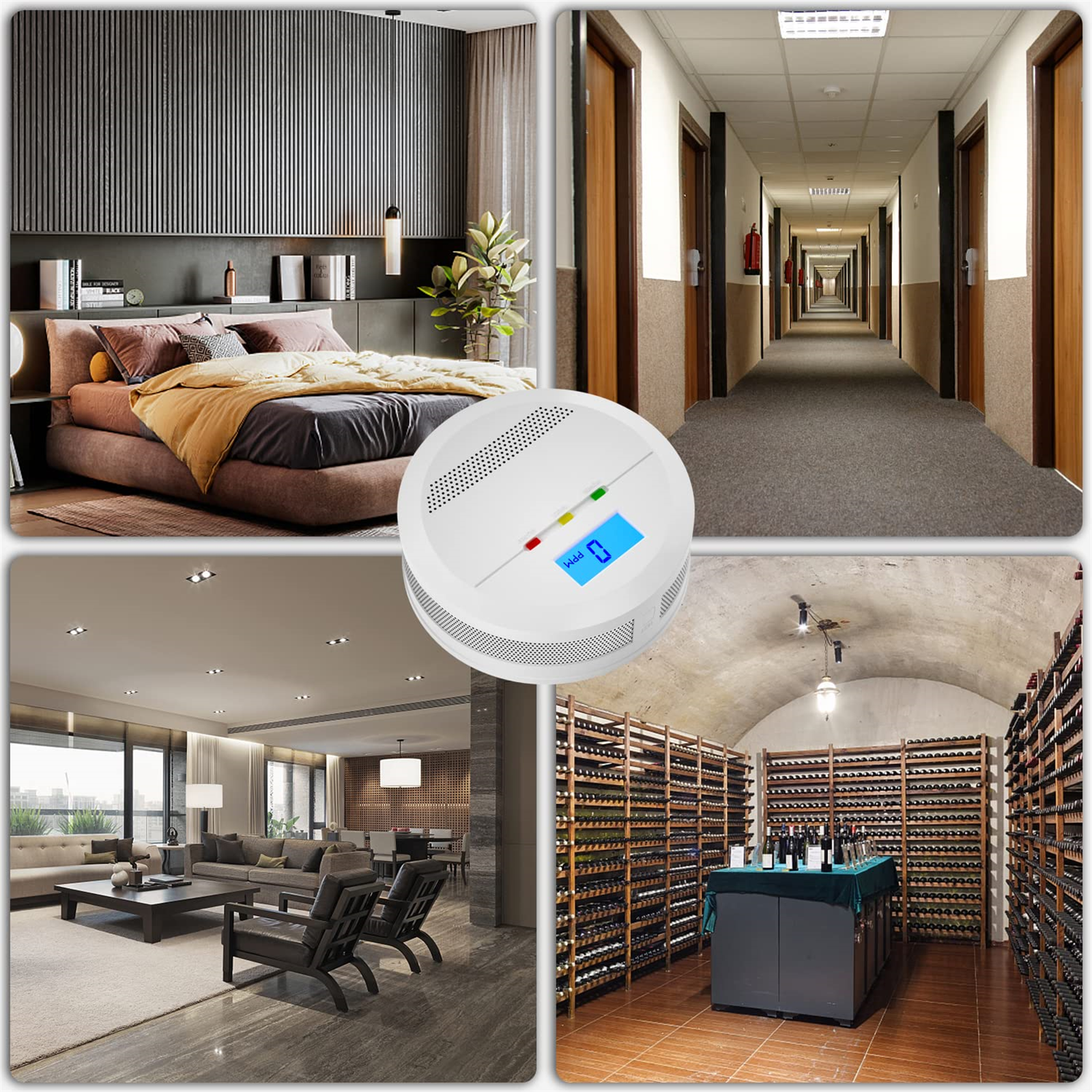 Collage: Schlafzimmer, Flur, Wohnzimmer, Weinkeller. Jede Szene ist in verschiedenen Umgebungen.