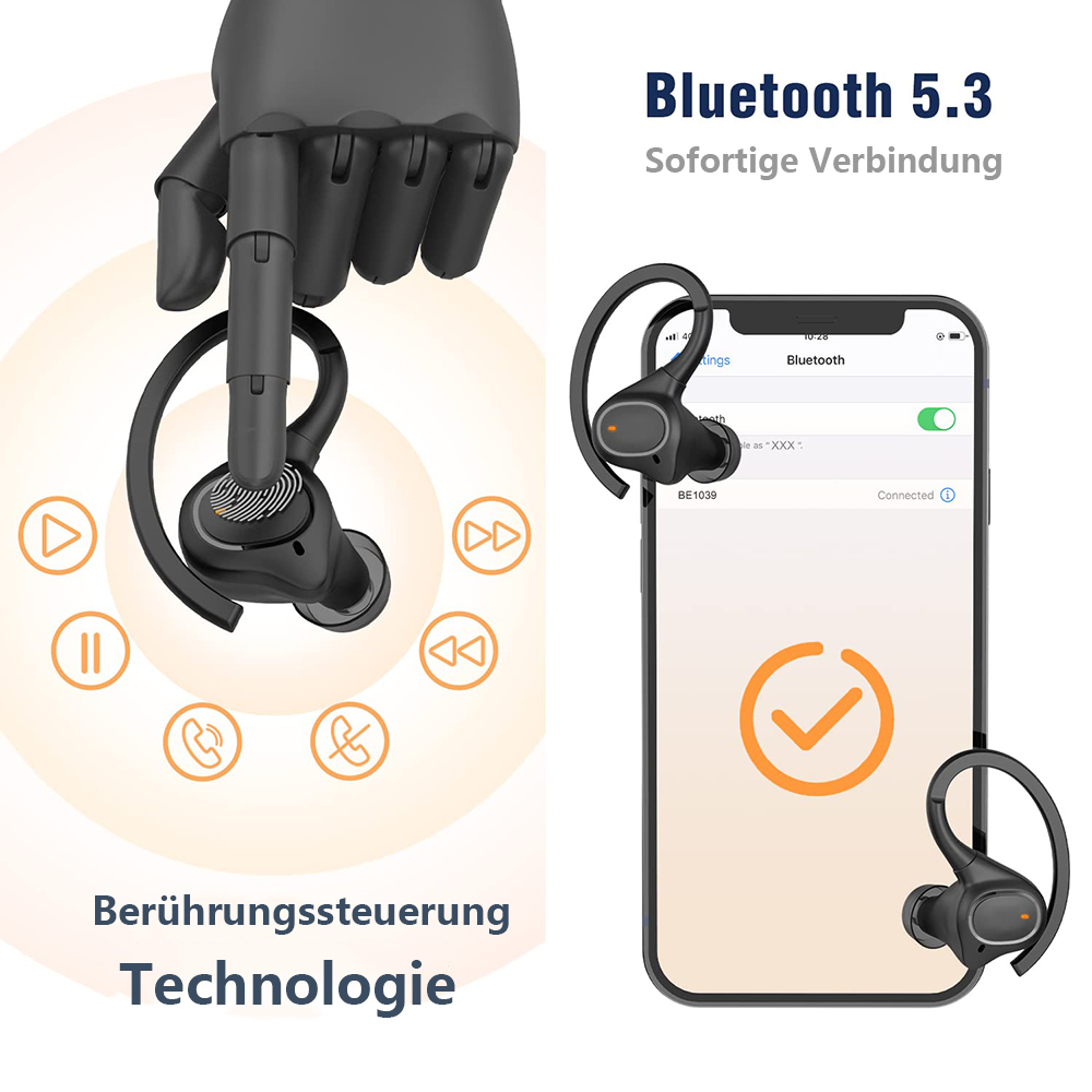 Kopfhörer mit Telefon, Bluetooth-Technologie. Schwarzer Hintergrund.