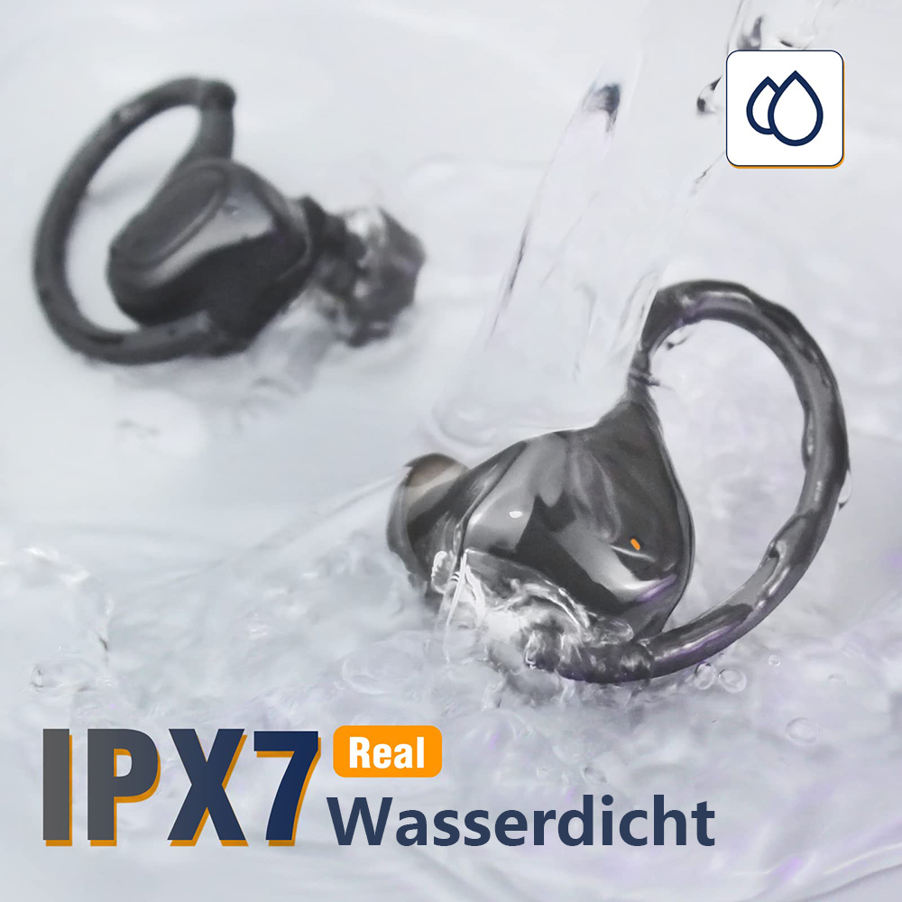 Schwarze, wasserfeste Ohrhörer mit gebogenem Ohrbügel, mit Wasser, das um sie herum spritzt.