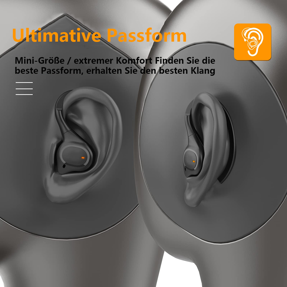 Zwei Ohrmuscheln, die zeigen, wie sie in die Ohren passen. Grauer Hintergrund und orange hervorgehoben.