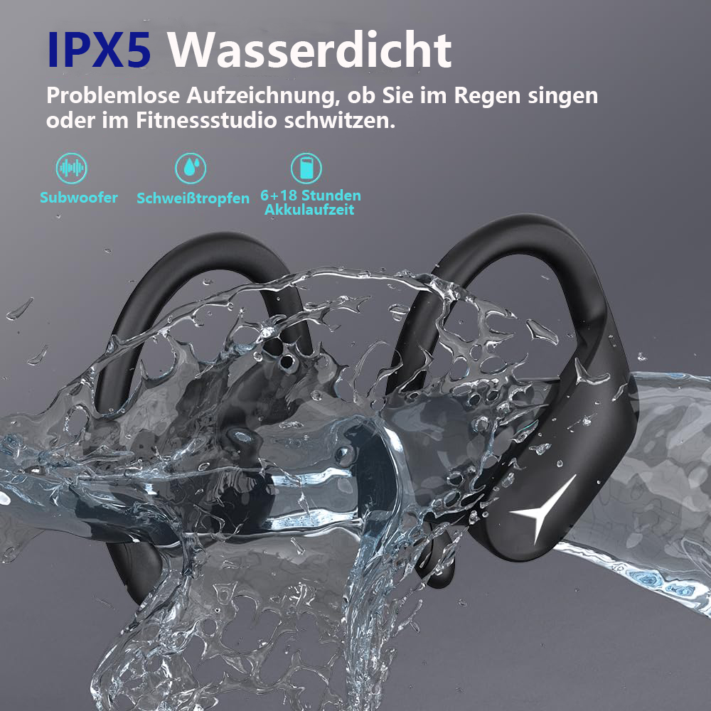 Schwarze kabellose Ohrhörer mit Wasserspritzer. Text: Wasserdicht, 6+18 Stunden Akkulaufzeit und andere Symbole.
