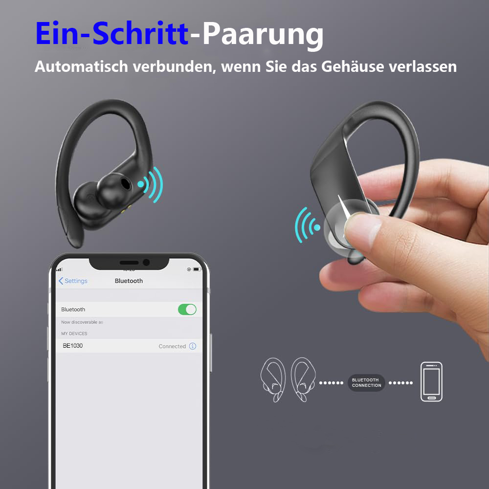 Kabellose Ohrhörer mit Telefonbildschirm, der Bluetooth-Verbindung zeigt. Die Ohrhörer sind schwarz, eine Hand hält einen.
