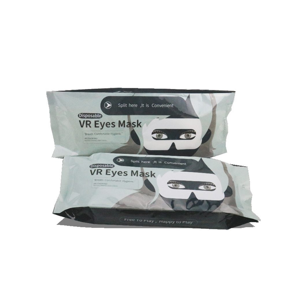 Zwei Packungen VR-Augenmasken. Text: "Einweg-VR-Augenmaske" und "Free to Play, Happy to Play".