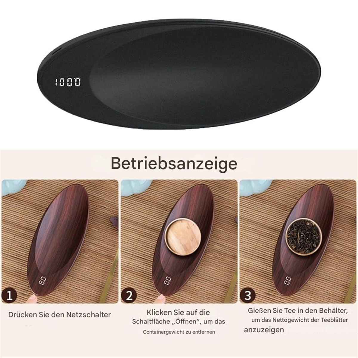 Eine schwarze Waage mit digitaler Anzeige und Anweisungen zum Messen von Teeblättern.