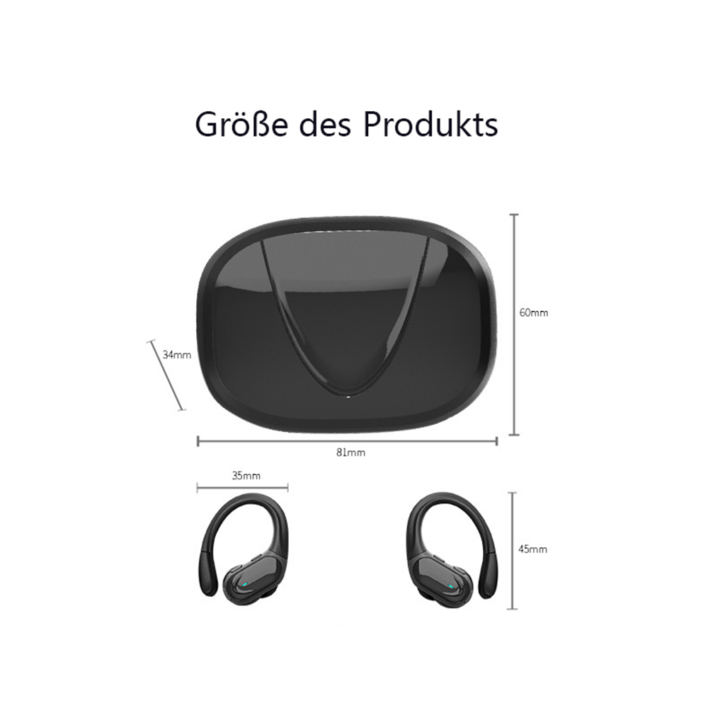 Schwarzes Ohrhörer-Ladecase mit den Abmessungen: 81 mm, 35 mm, 60 mm und 45 mm.