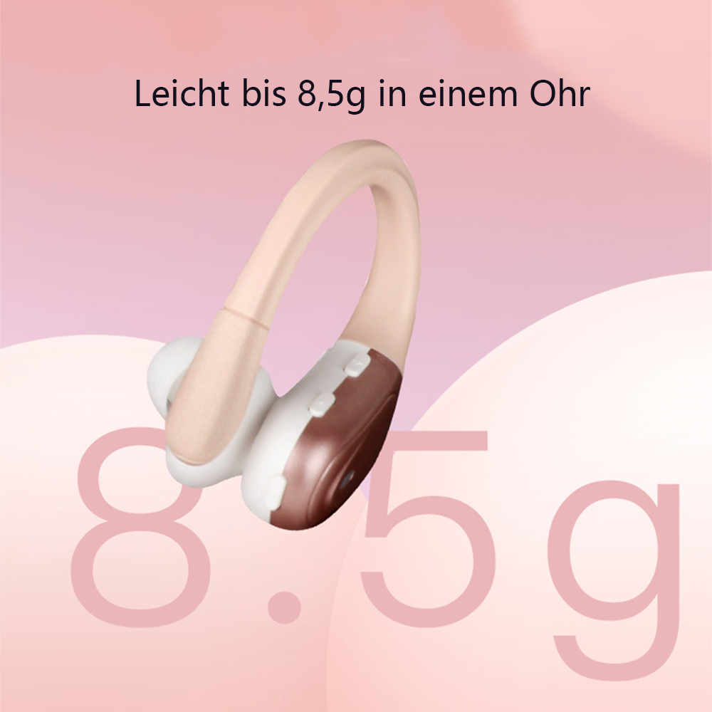 Ohrhörer. Es ist beige und weiß. Der Text lautet 'Leicht bis 8,5g in einem Ohr' und '8,5g'.