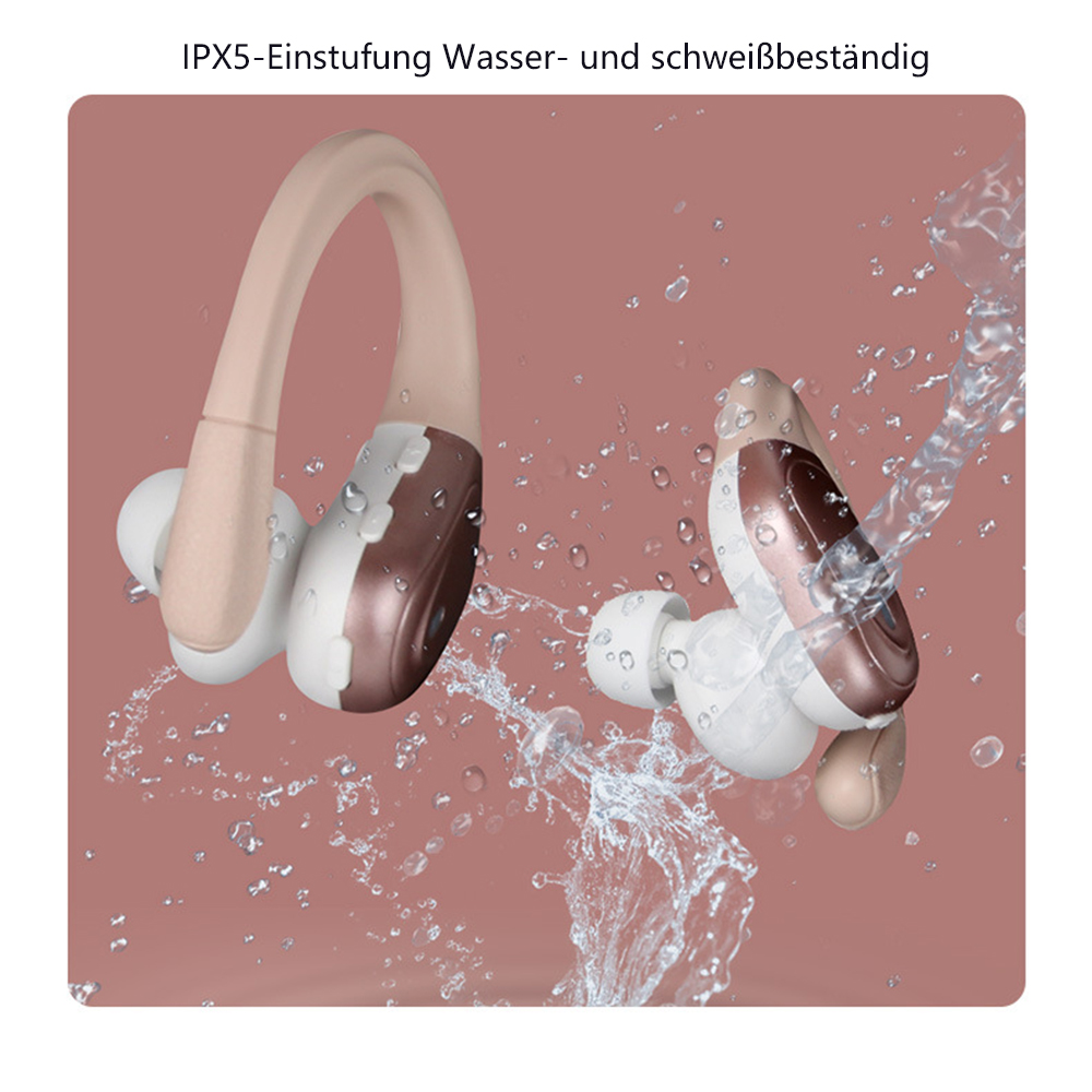 Kopfhörer mit Wasserspritzer, in Rosa und Weiß, mit dem Text IPX5-Einstufung Wasser- und schweißbeständig.