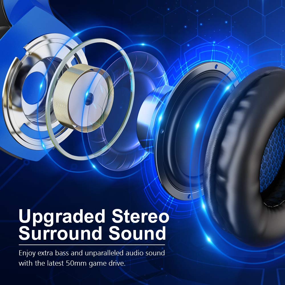 Kopfhörer mit sichtbaren internen Komponenten. Blaue Akzente und Text mit der Aufschrift 'Upgraded Stereo Surround Sound'.