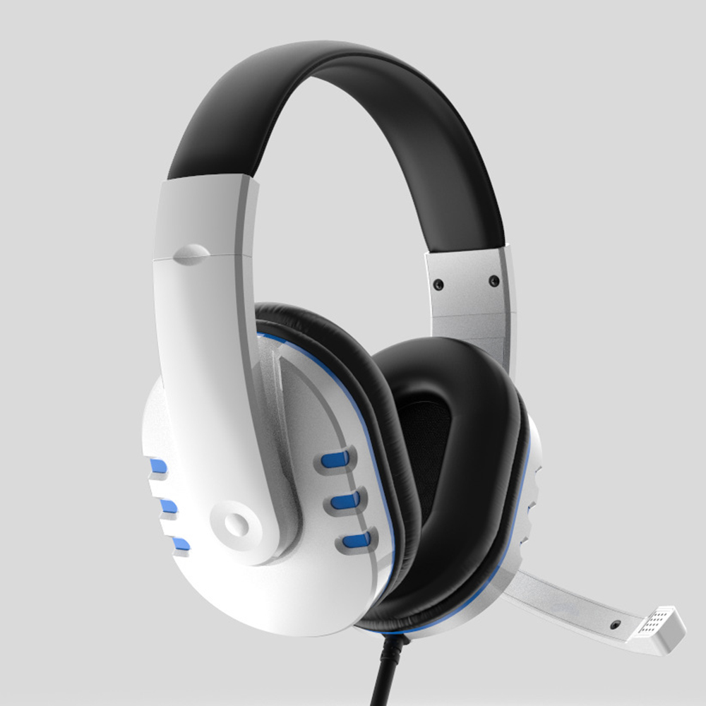Weißes und schwarzes Headset mit Mikrofon, blaue Akzente.