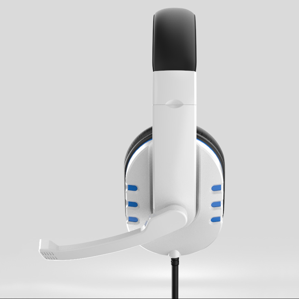 Weißes und blaues Gaming-Headset mit Mikrofon, das sich vom linken Ohrmuschel erstreckt.